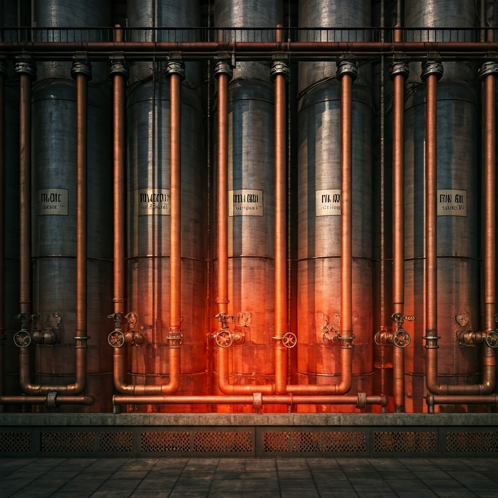 Large copper pipes feeding reddish vanadium solution into labeled flow-cell tanks with brass gauges