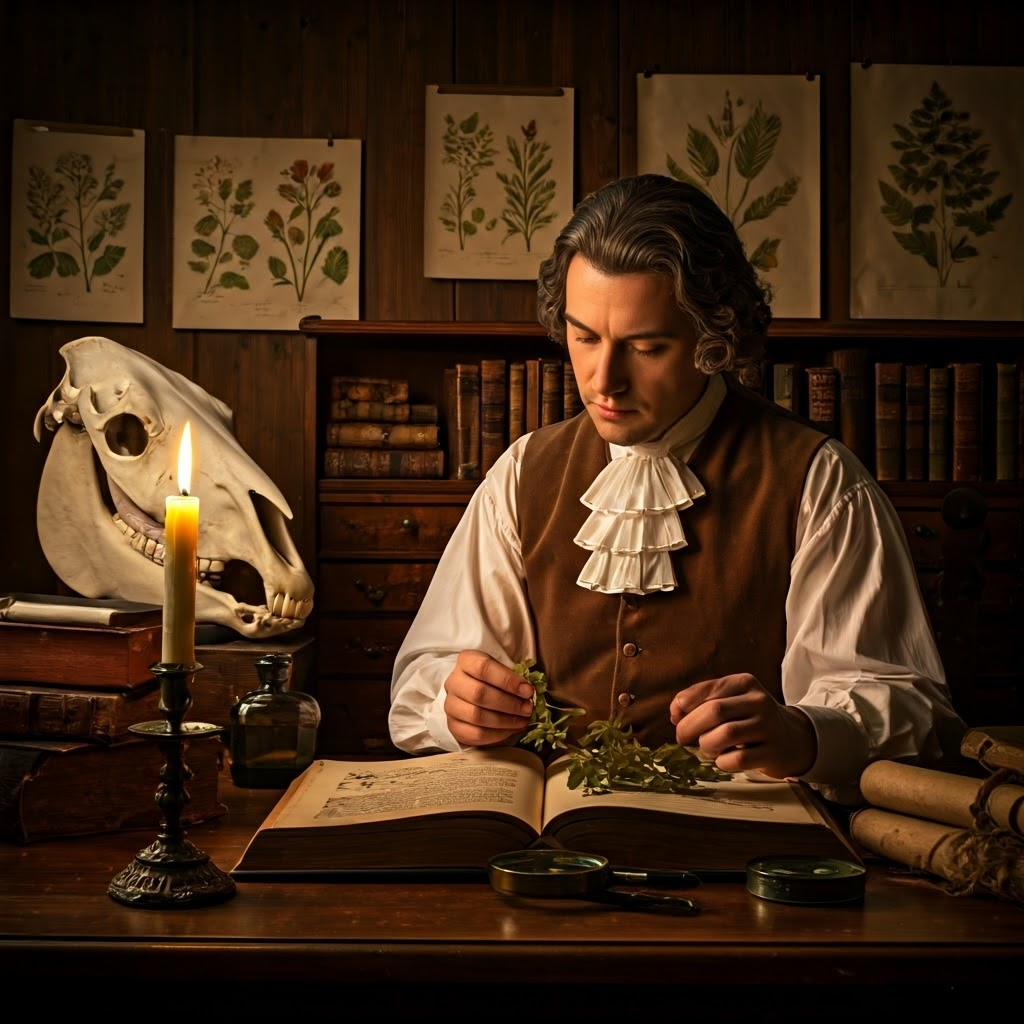 19th-century naturalist studying specimens by candlelight in a richly furnished Baroque study, symbolizing pre-Darwin scientific curiosity