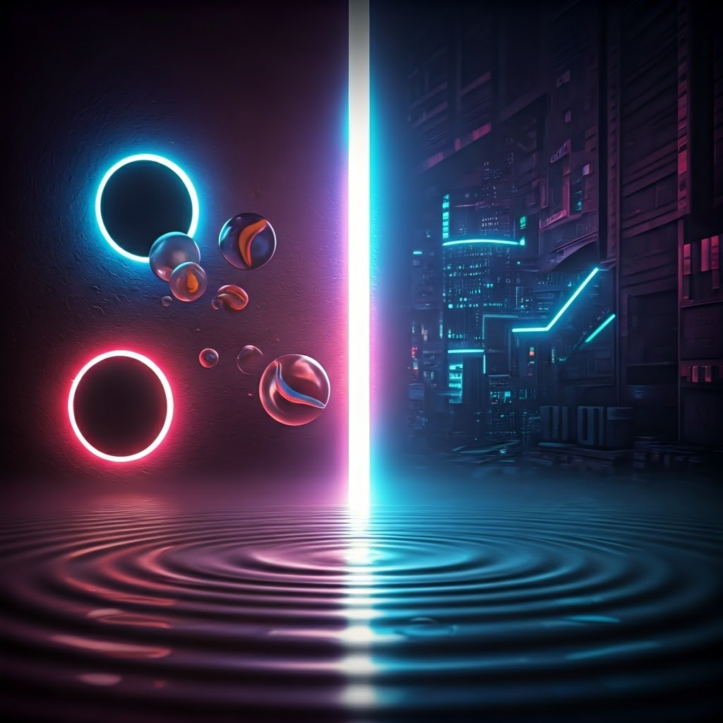 Neon collage mixes marbles, a split flashlight beam, and digital water ripples against a cyberpunk skyline