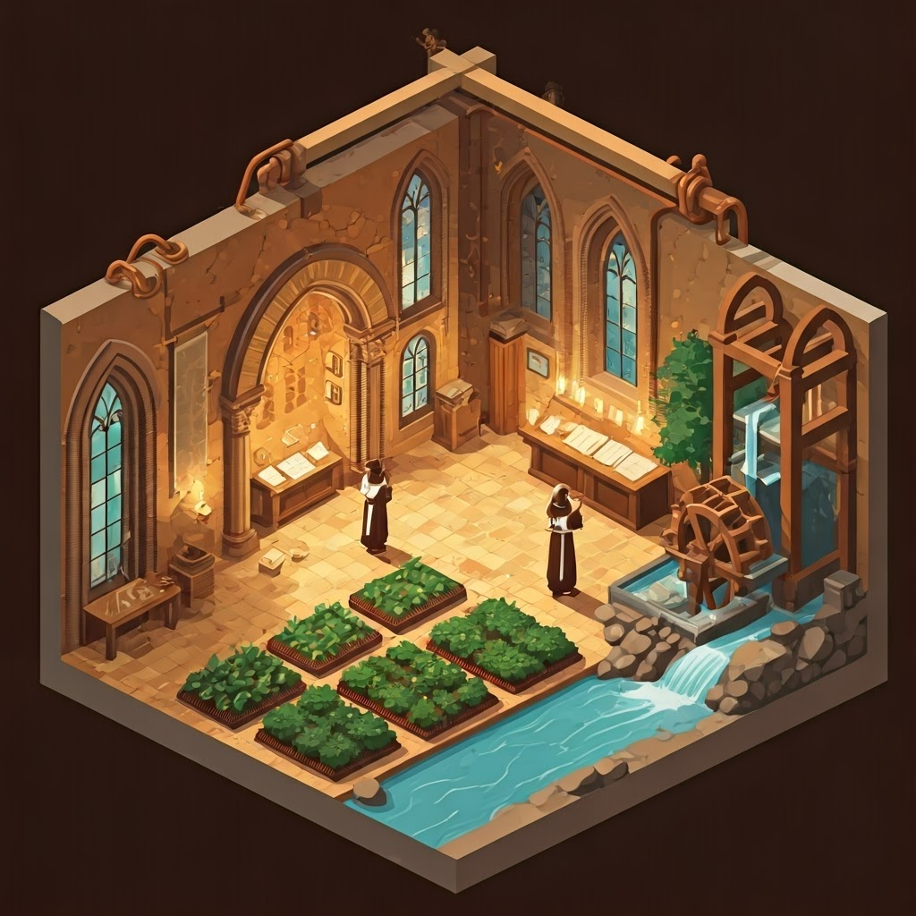 Isometric steampunk cutaway of a monastery showing scriptorium, garden, and waterwheel mill, symbolizing knowledge transfer and technology.