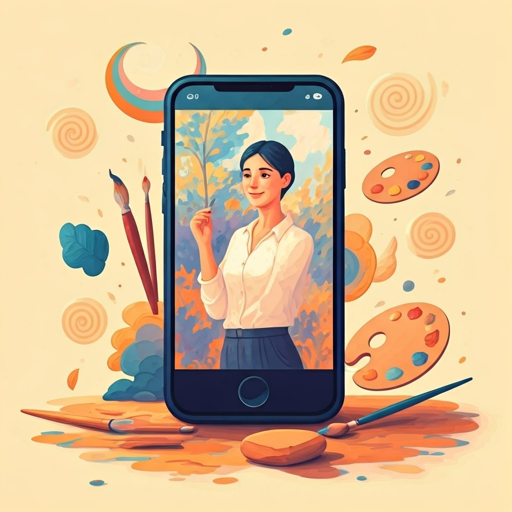 A smartphone selfie transforms into a Monet-style painting while floating brushes add color, showing AI borrowing artistic styles.