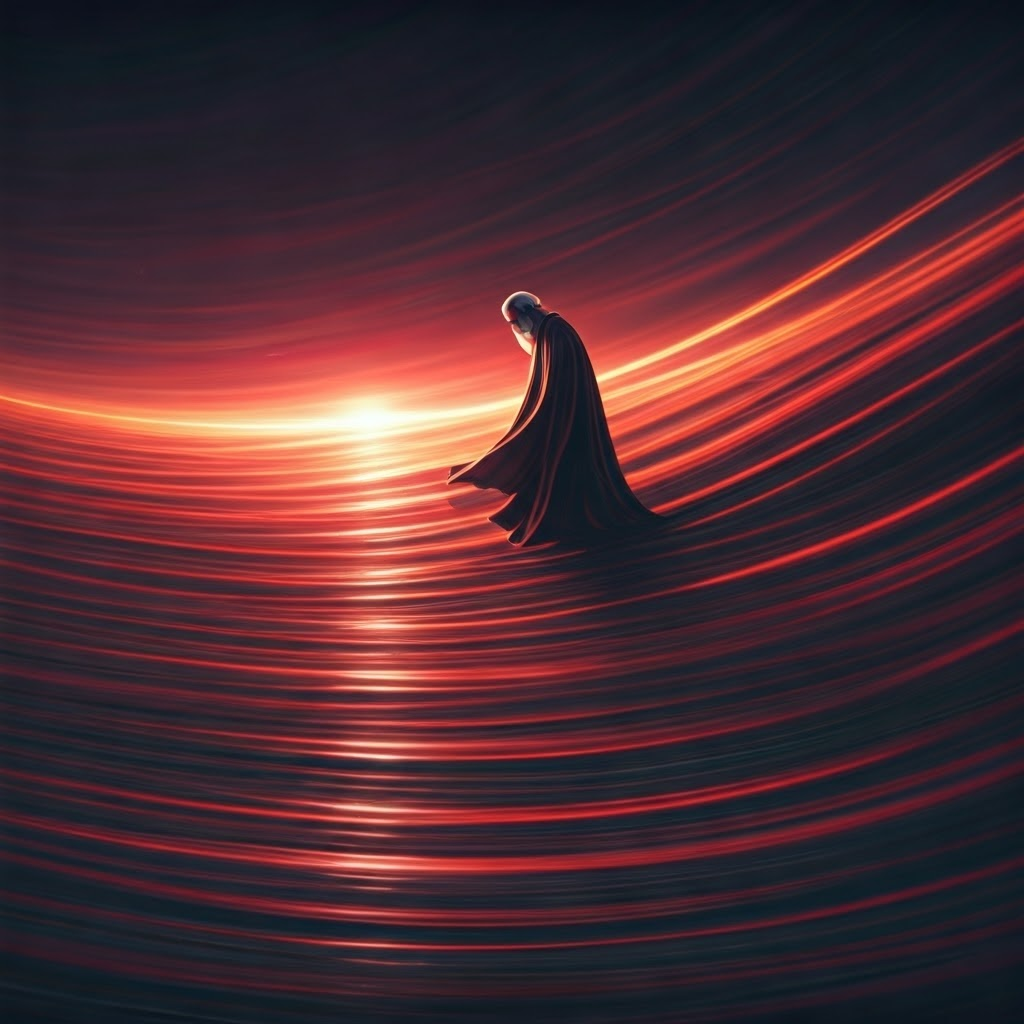 Philosopher at rushing river visualizes constant change.