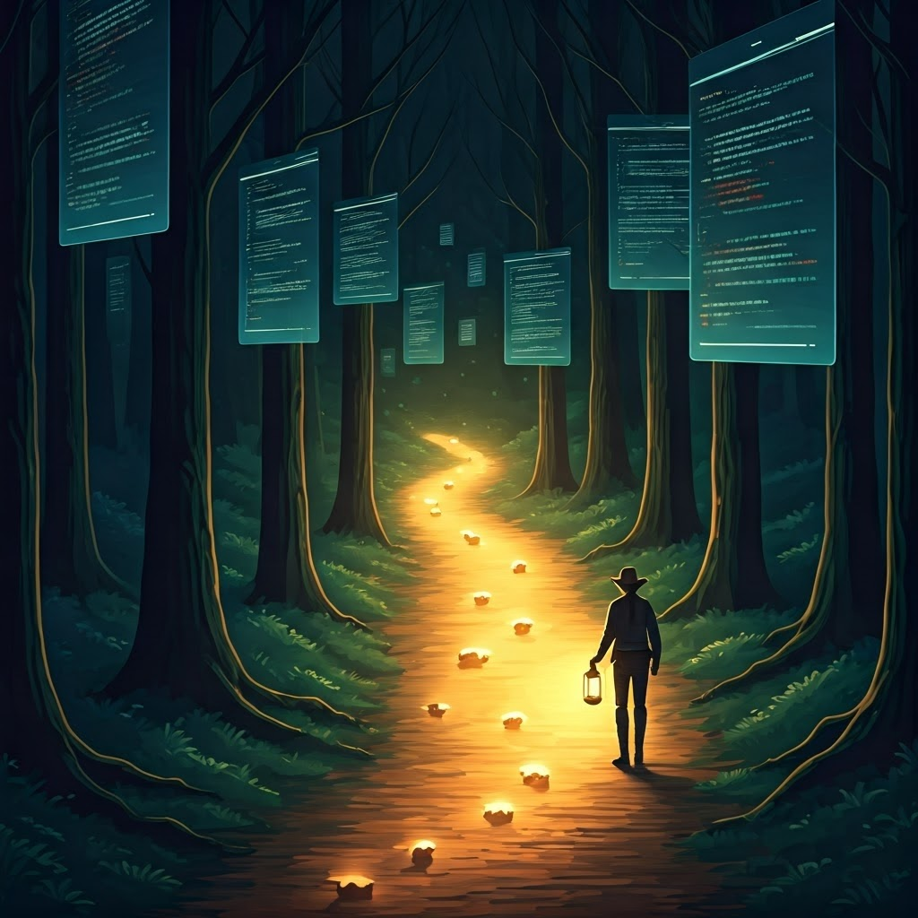 Explorer following glowing breadcrumb commits through a forest of code
