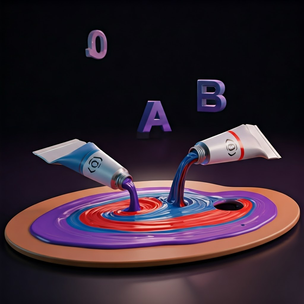 Two paint tubes marked |0⟩ and |1⟩ squeeze red and blue onto a canvas, merging into a new glowing purple tone amid floating Greek letters α and β.