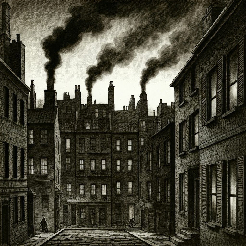Crowded tenements beneath smoky chimneys, weary figures in narrow alleys at night
