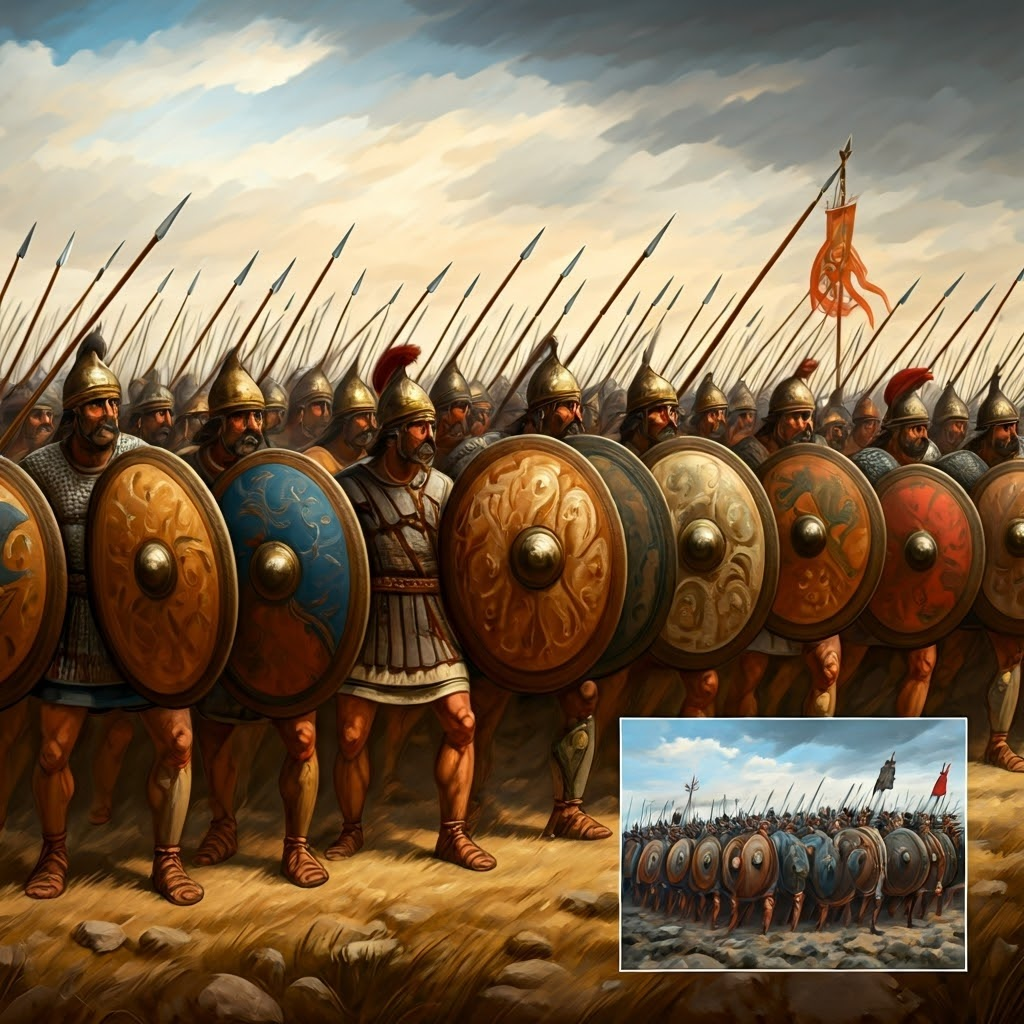 Theban hoplites advance together while paired companions fight back-to-back.