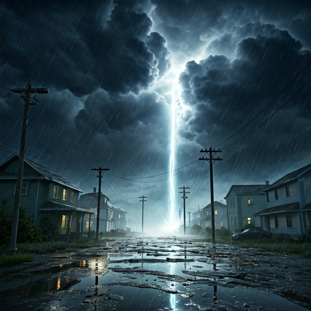 3D render of muddy floodwater engulfing inland town, underscoring storms reaching well beyond coasts