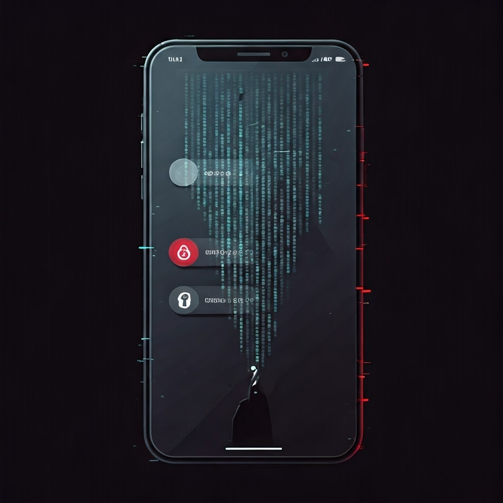 Smartphone with shady permission toggles and shadowy figure, symbolizing hidden app risks.