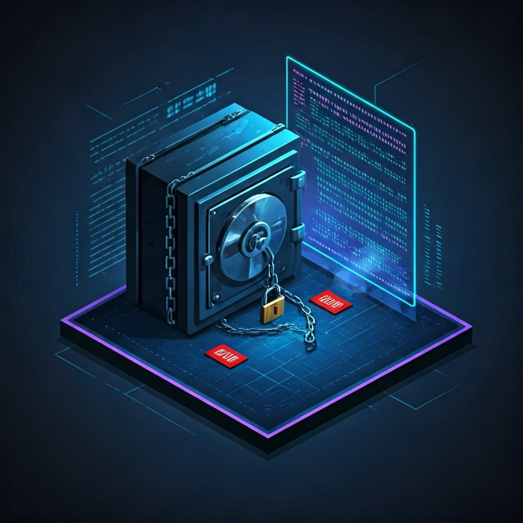Locked digital vault with floating ransom notes and a hidden figure behind code, illustrating ransomware and spyware threats in a neon cyberpunk style.