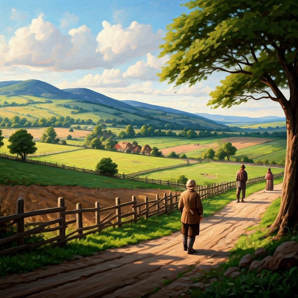 Landowner fencing off shared fields while villagers watch in dismay