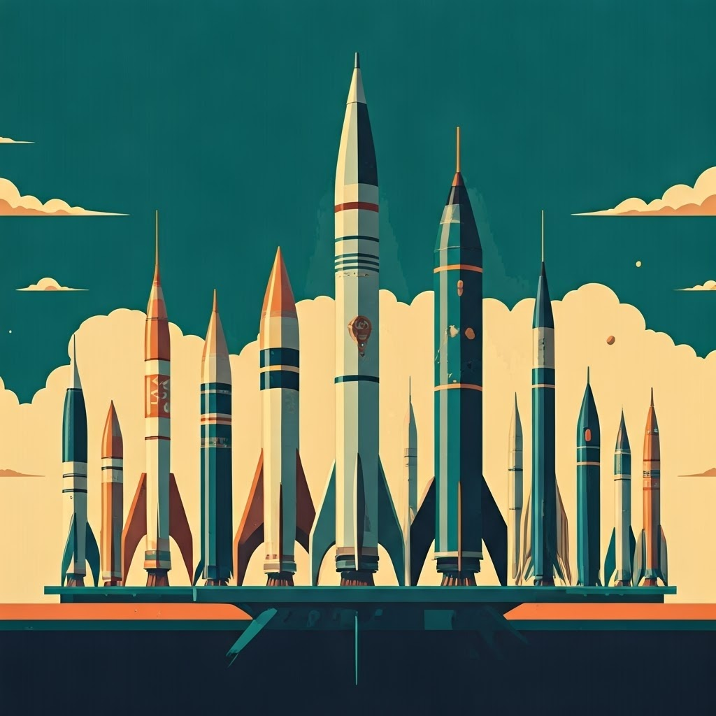 Lineup of colorful retro-styled rockets under a glowing horizon