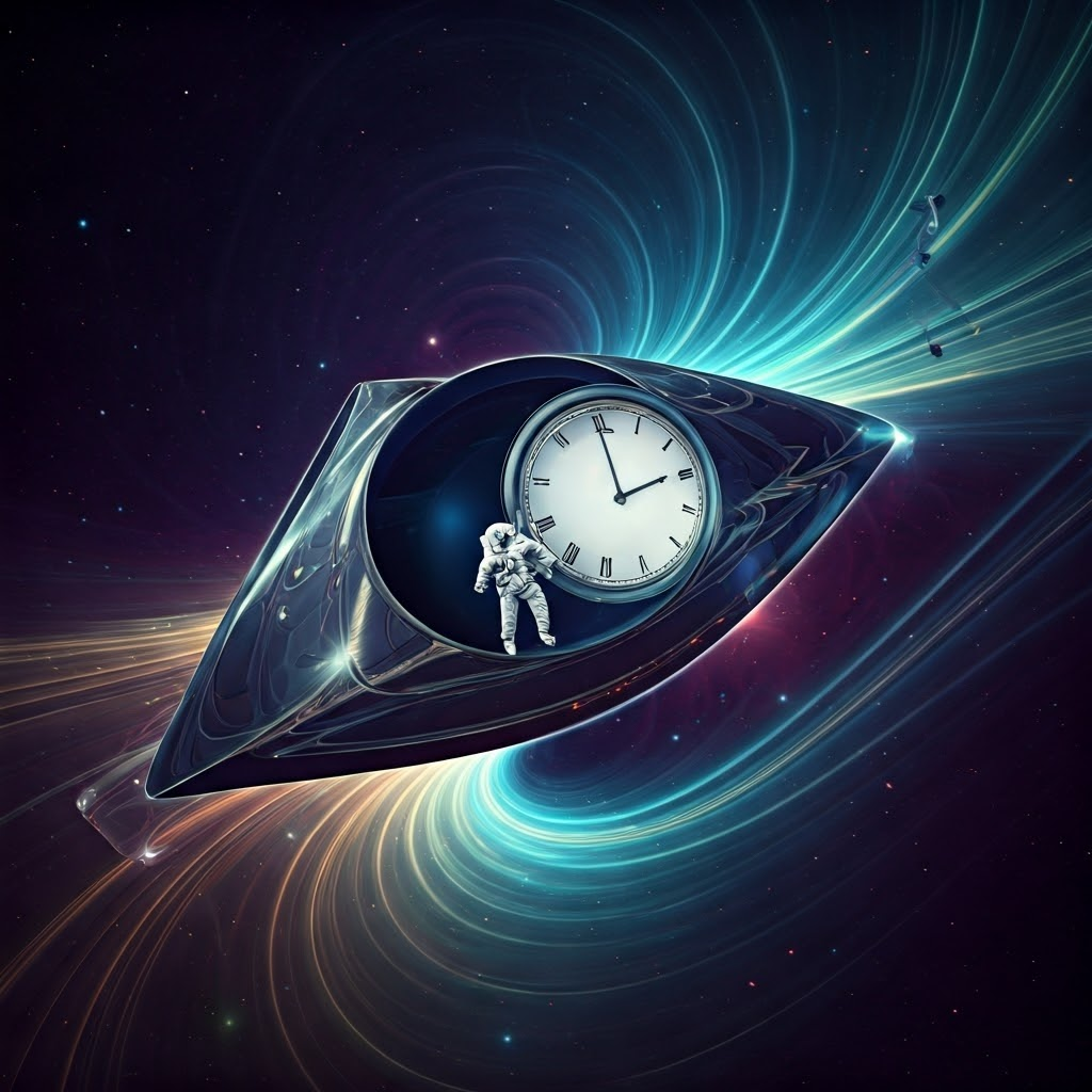 An astronaut watches a floating clock aboard a fast-moving spaceship, symbolizing how time slows near light speed.