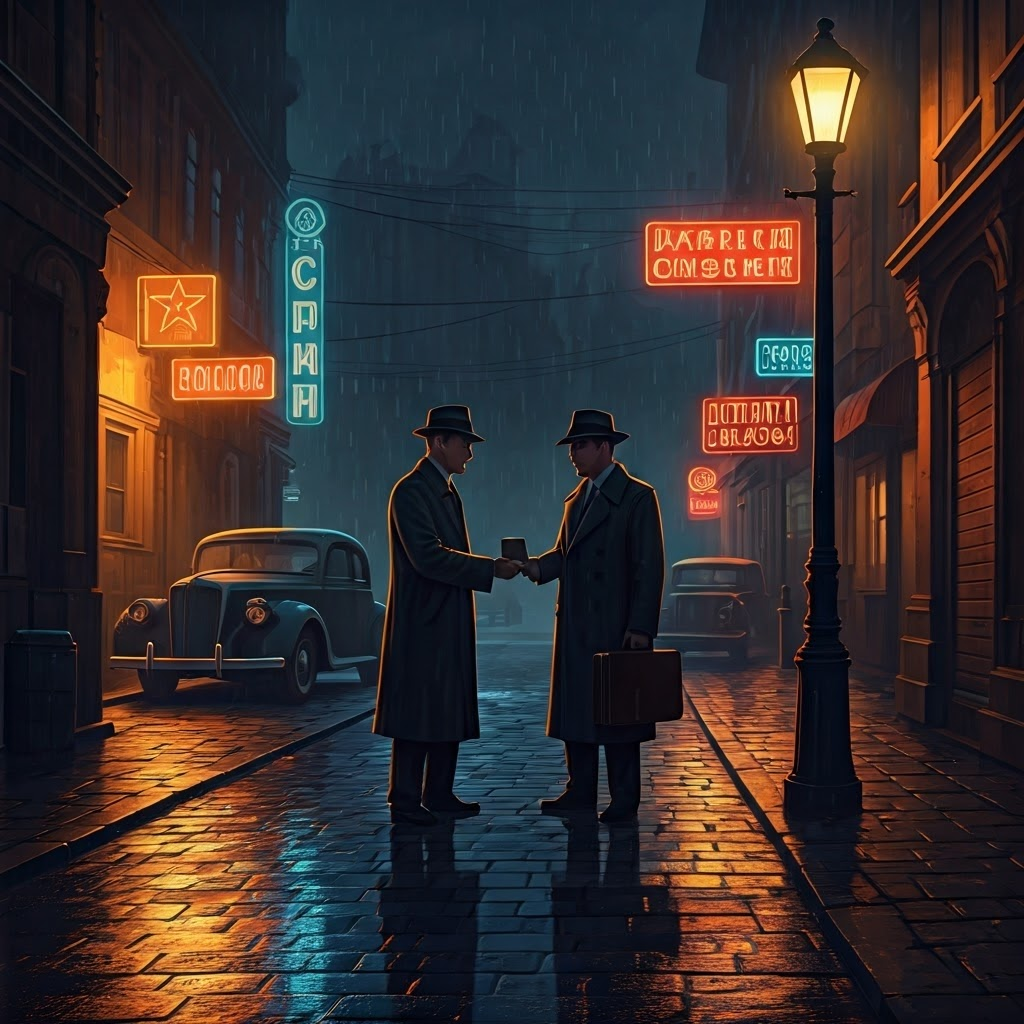 Post-war European city street at dusk where two covert agents trade briefcases under a flickering lamp, symbolizing the tense birth of modern espionage