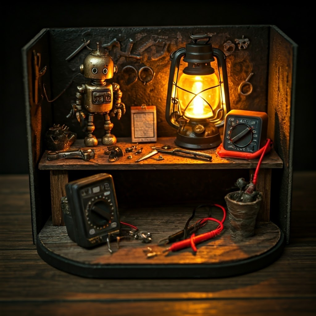 A miniature steampunk workbench displays tools, a soldering iron, and a small robot