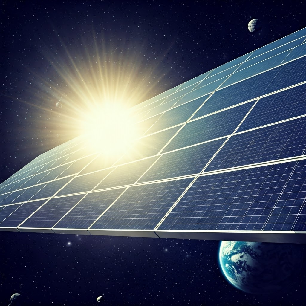 Futuristic space station with large solar arrays soaking up strong sunlight against a star-filled backdrop