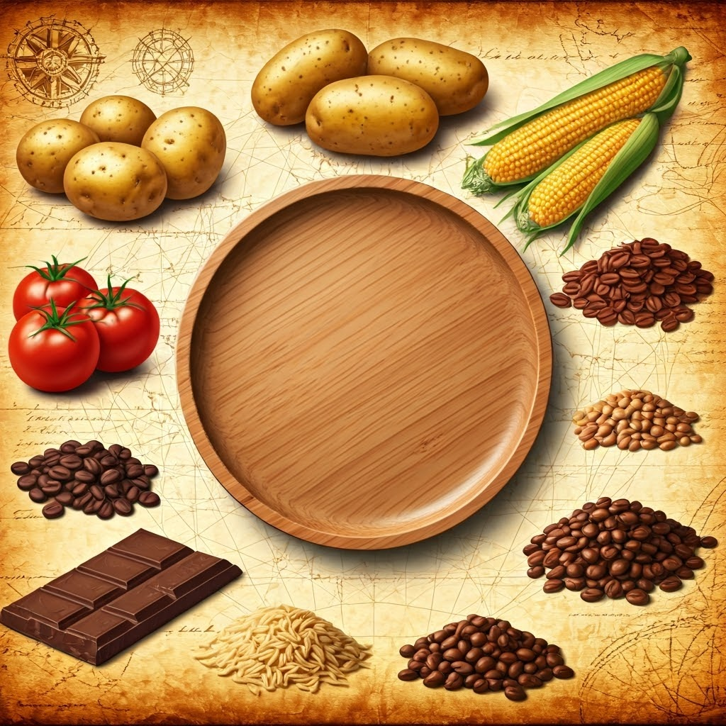 Empty wooden plate surrounded by illustrated potatoes, tomatoes, corn, chocolate, wheat, coffee beans, and rice, mimicking a 16th-century botanical manuscript