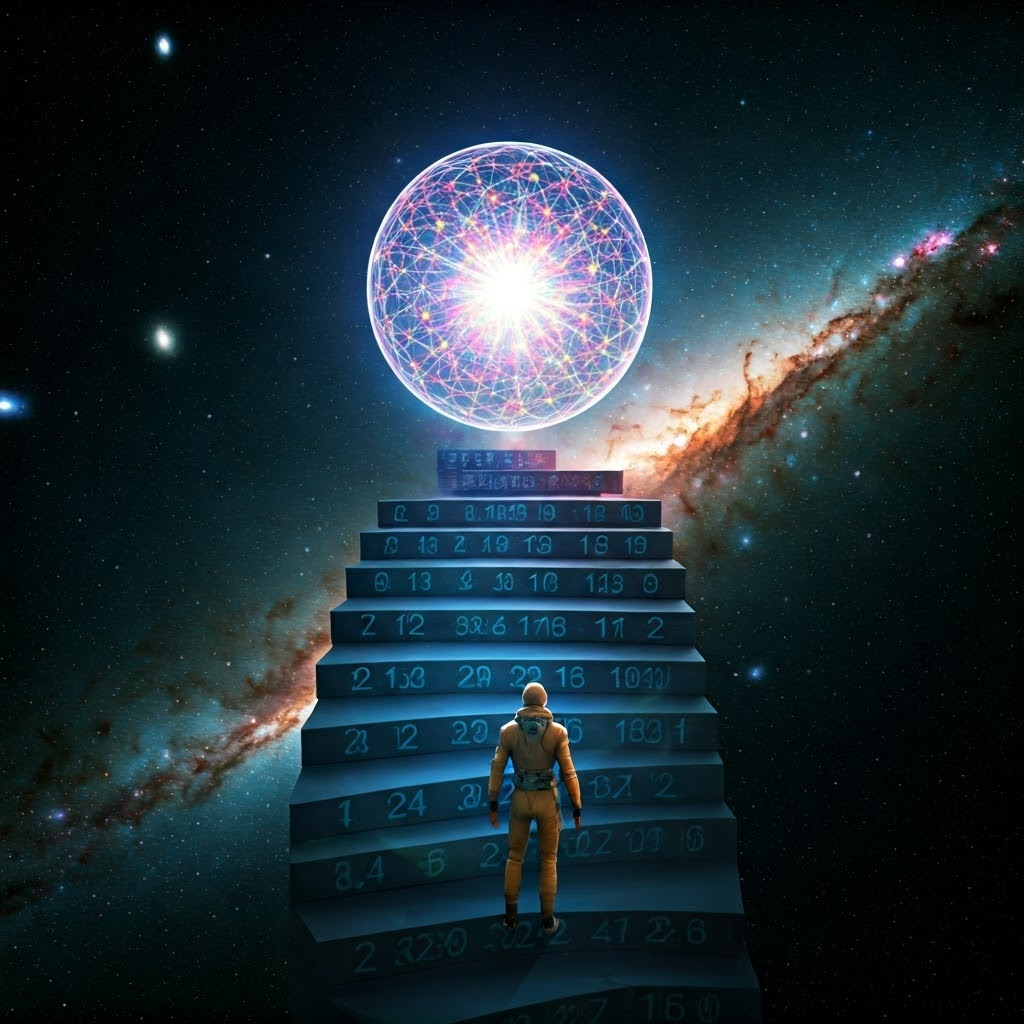 Infinite staircase labeled with powers of two leading to a glowing quantum sphere in deep space