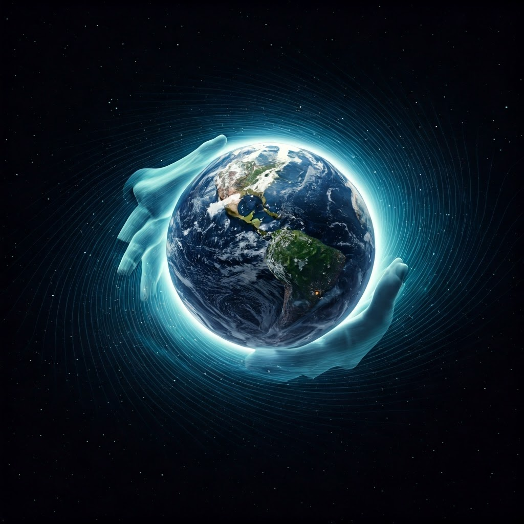 3D render of Earth crushed to marble size against a star-filled backdrop, bending space-time around it