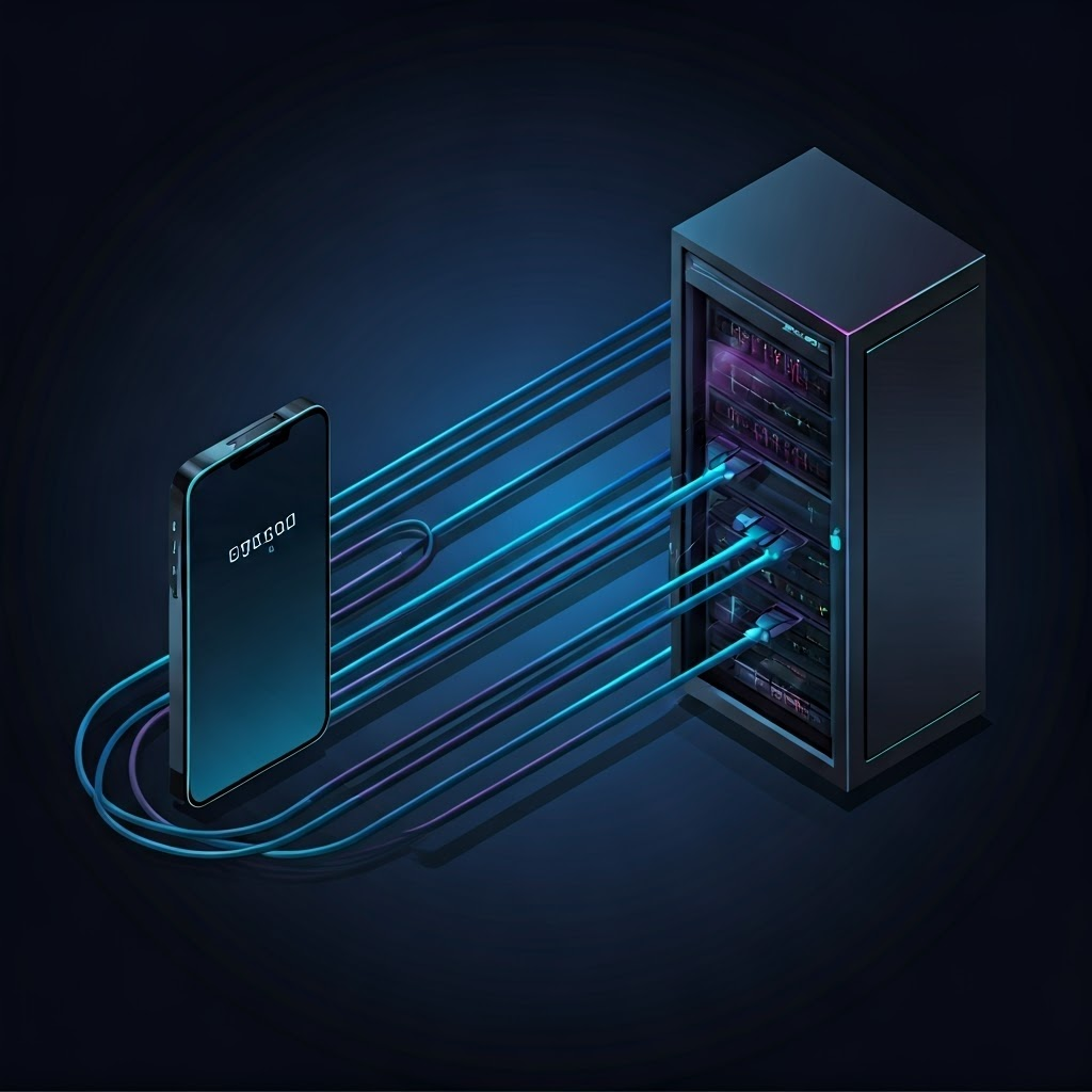 Minimalist illustration of a smartphone linked by glowing cables to a server rack, emphasizing fast data flow