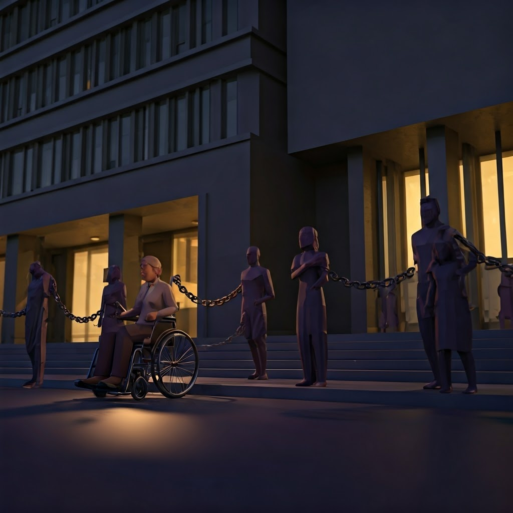 Abstract figures chained to railings outside a modern government building portray a bold wheelchair protest.