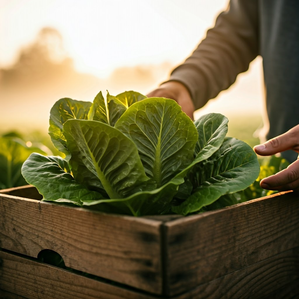 Freshly picked lettuce resting in a wooden crate at dawn, misty California fields in soft golden light, highlighting farm-to-table freshness