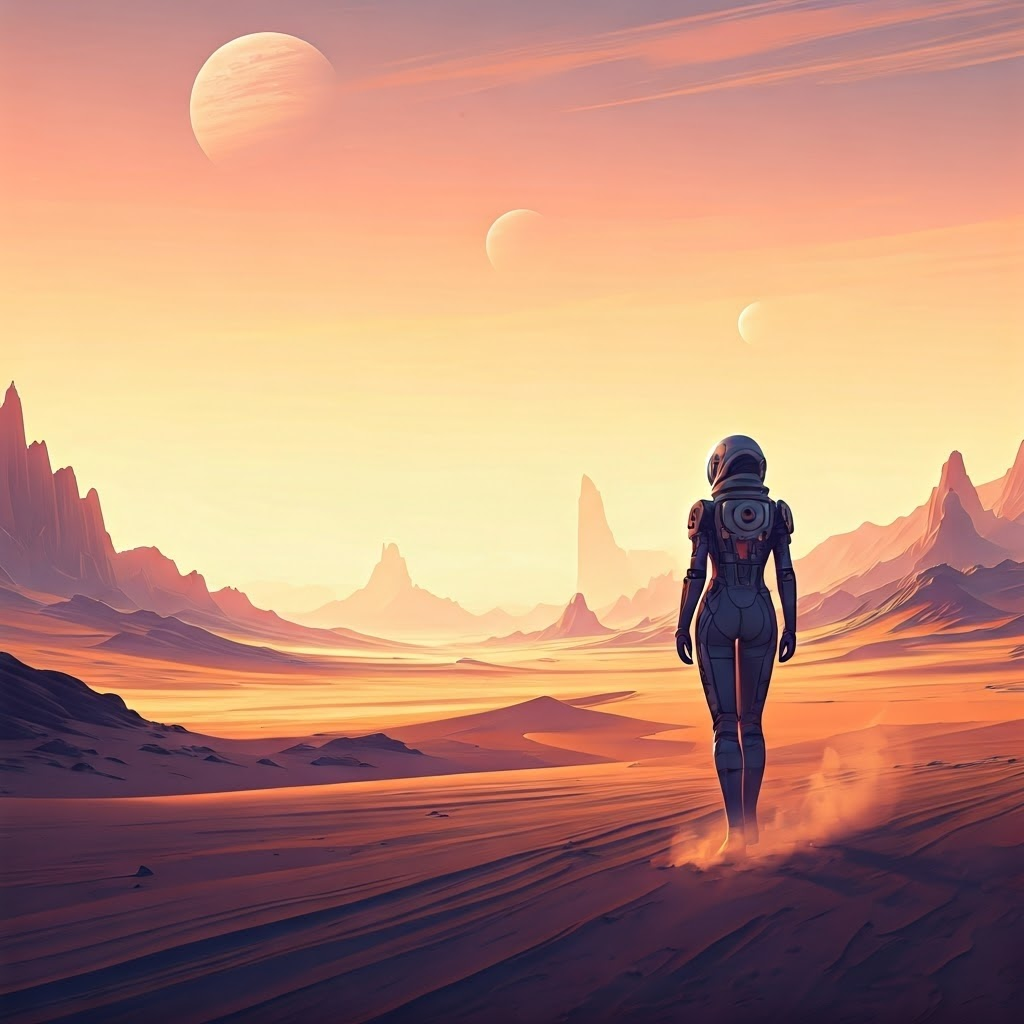 A lone explorer in a sleek suit stands on an alien desert at dawn, twin moons on the horizon