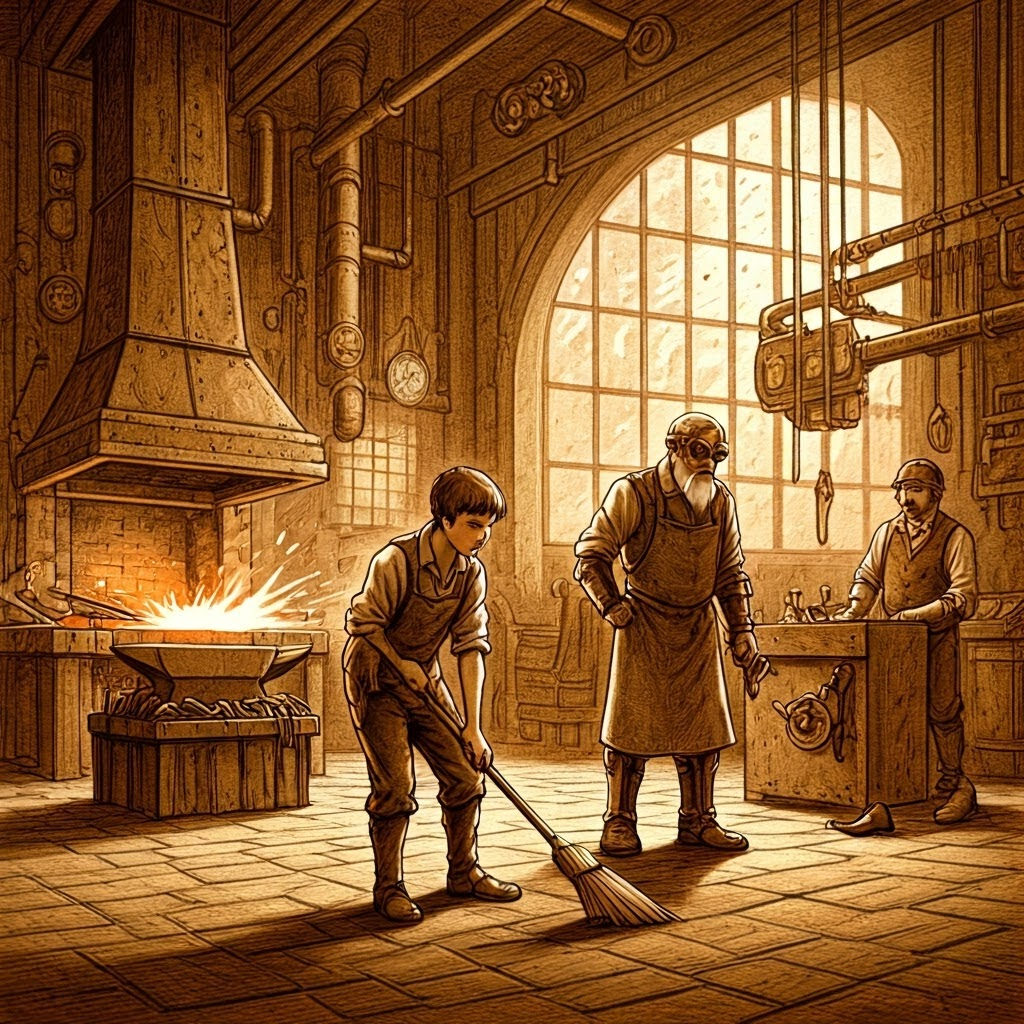 Apprentice sweeps forge floor while master blacksmith works, steampunk style