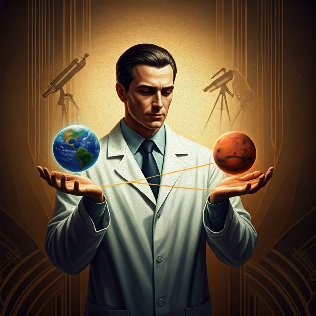 Art deco scene of a researcher balancing Earth and Mars models, representing balanced planetary protection.