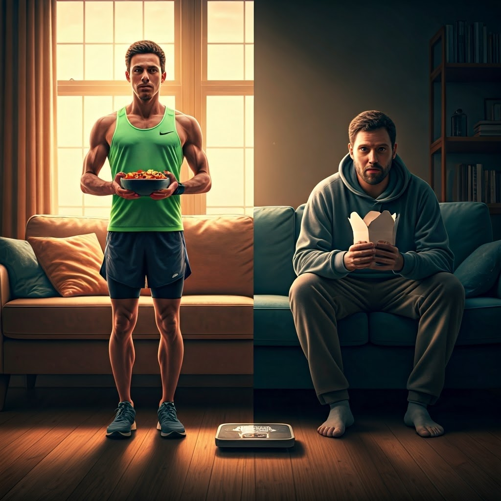 Two people of equal weight—one athletic, one sedentary—highlight how identical numbers can mask very different health habits