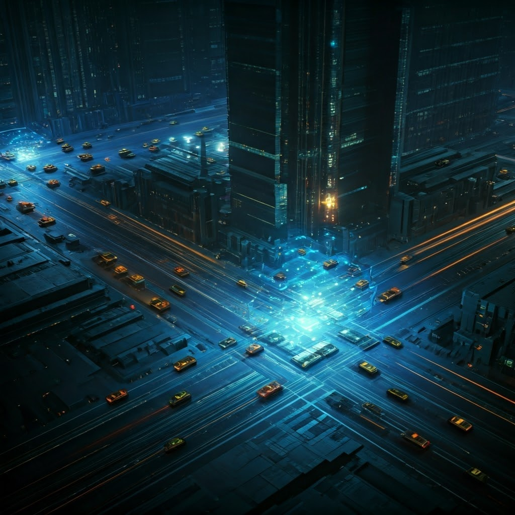 Neon crossroads in a futuristic brain city, symbolizing split-second attention choices.