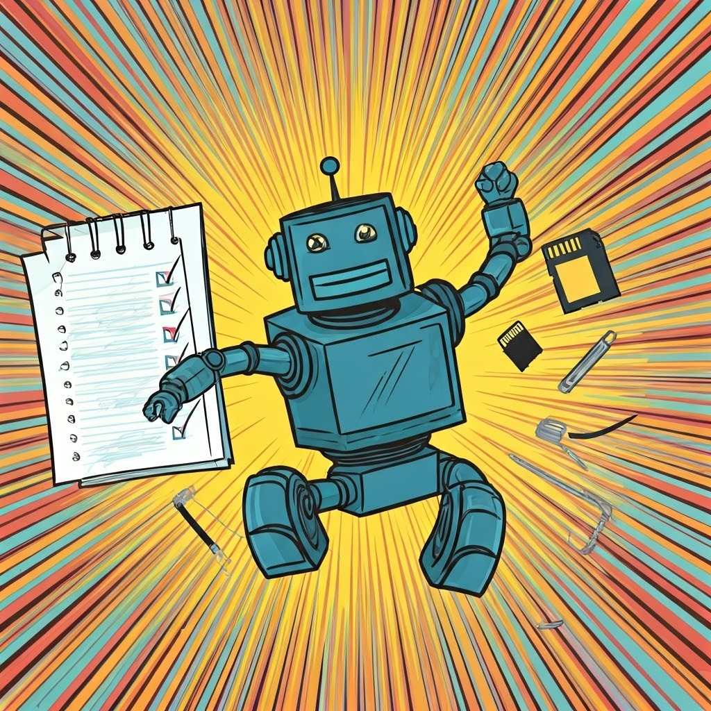 Bright pop-art burst shows tools, zip ties, and SD cards swirling around a happy robot