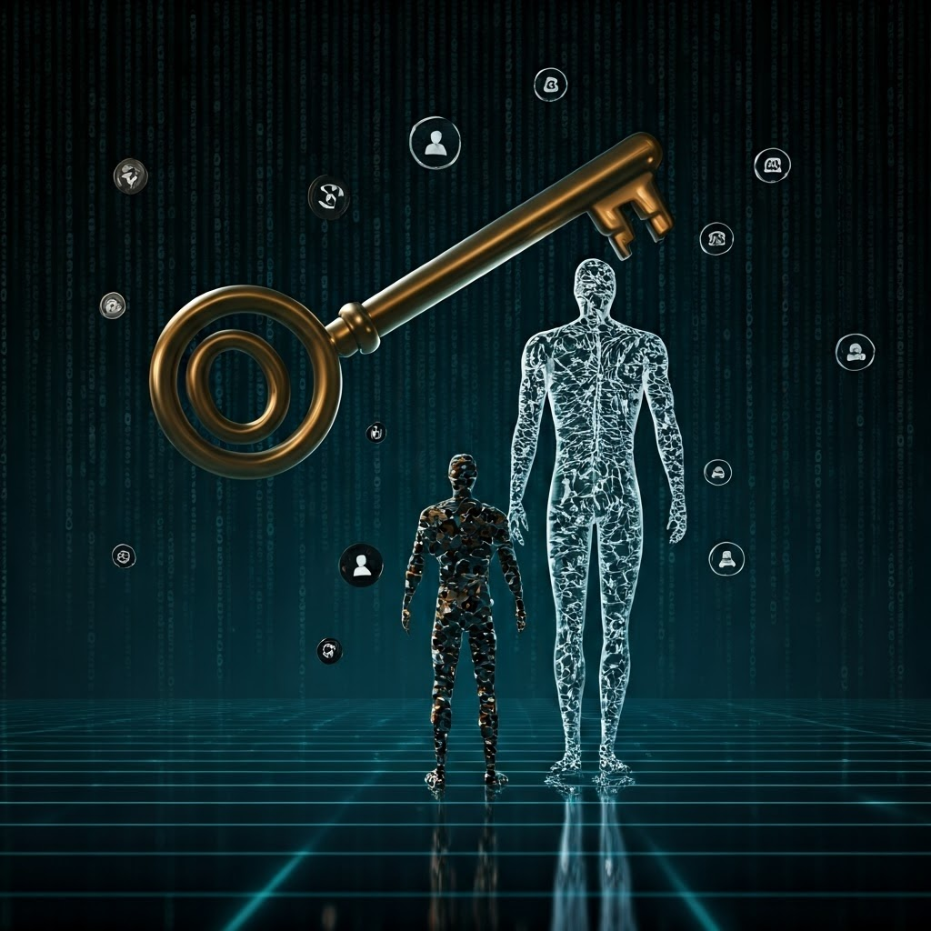A floating smartphone shaped like a skeleton key unlocks a human silhouette made of data bits amid glowing icons and binary code.