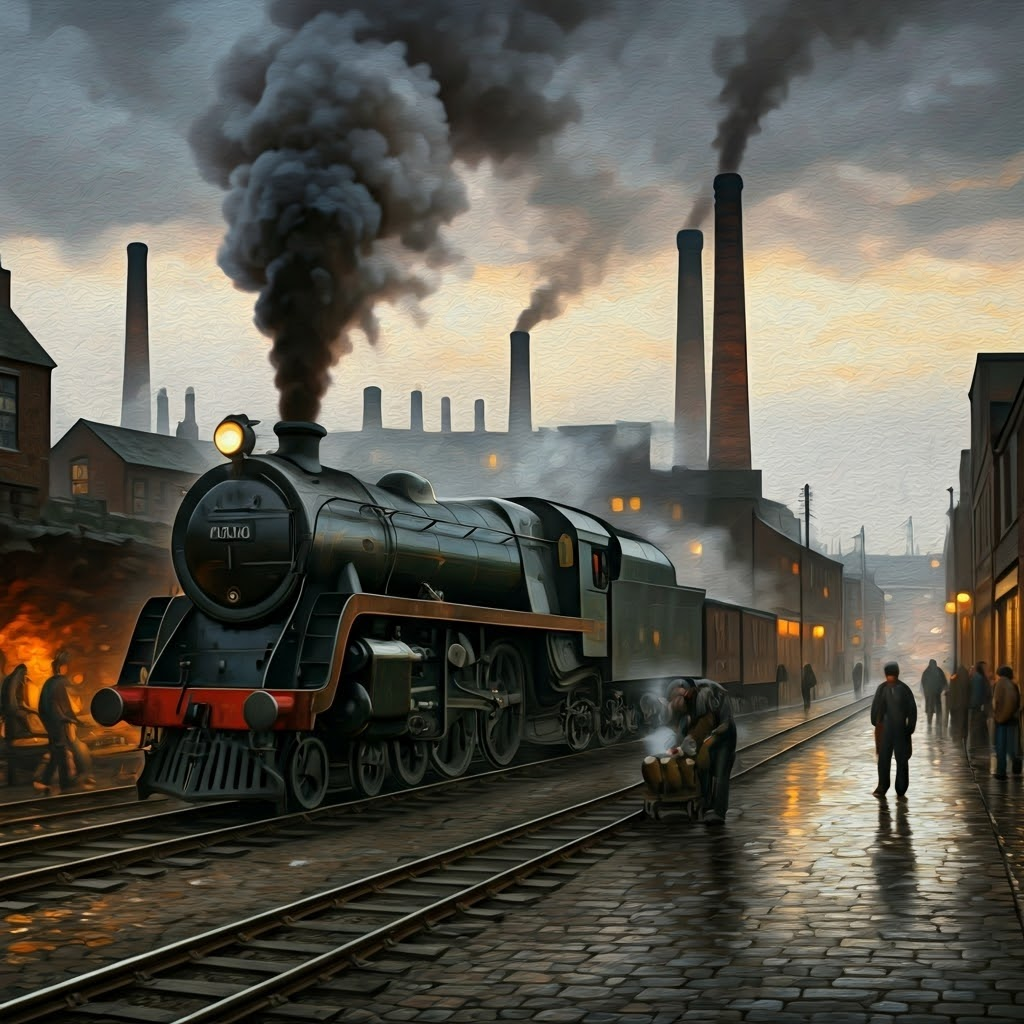 Smoky 19th-century industrial scene with miners, factories, and a steam locomotive