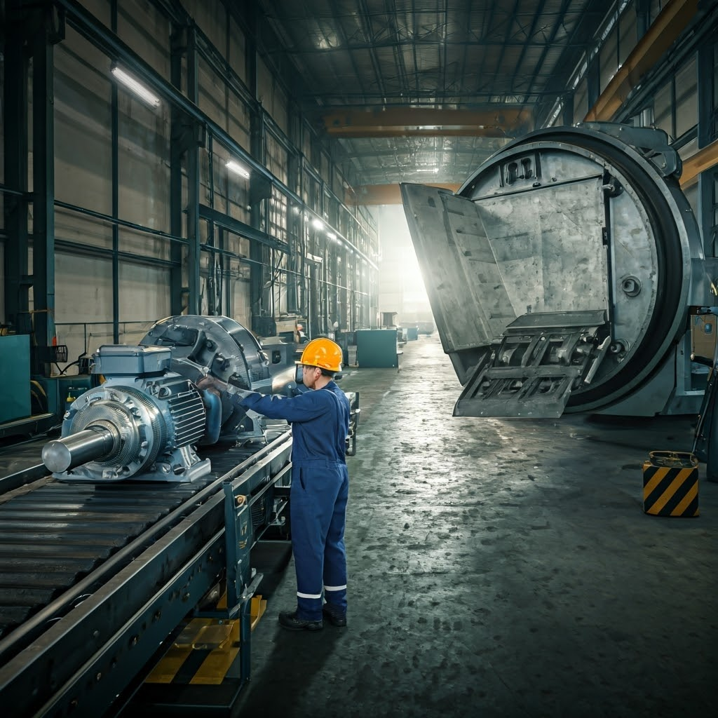 Industrial gearmotor on conveyor with linear actuator opening a hatch