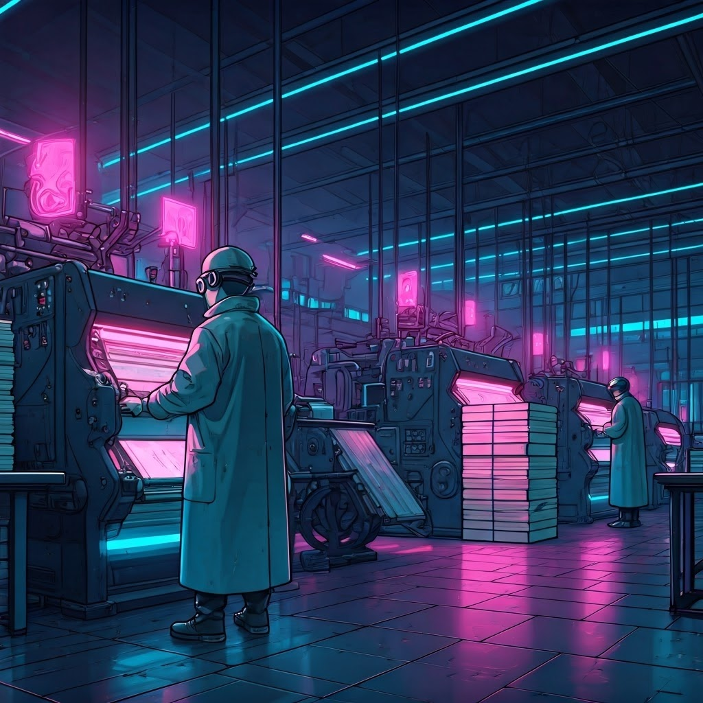 Rows of futuristic printing machines glow neon as they mass-produce books in a cyberpunk factory.