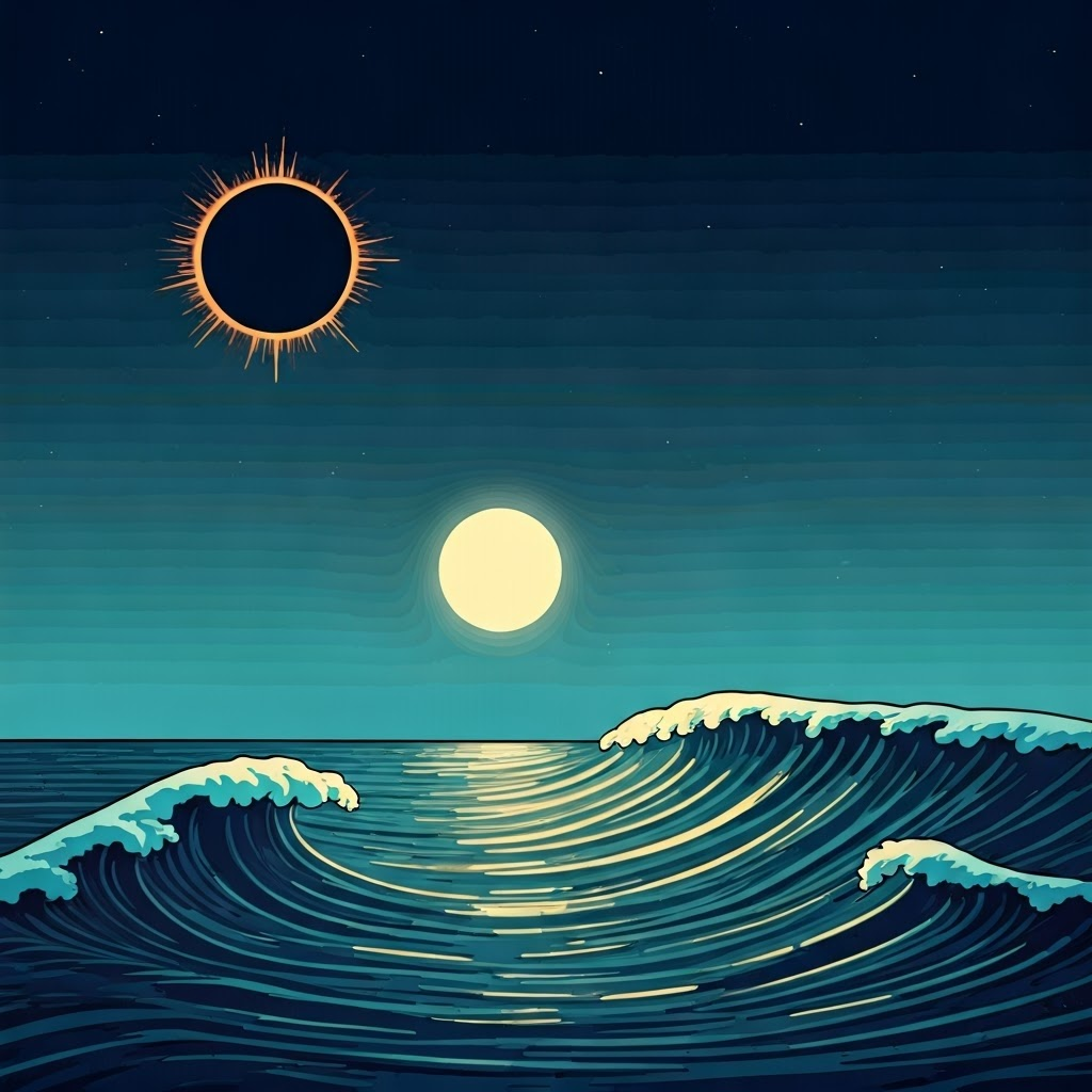 Animated graphic connecting tides and eclipse timing to accurate heliocentric predictions.