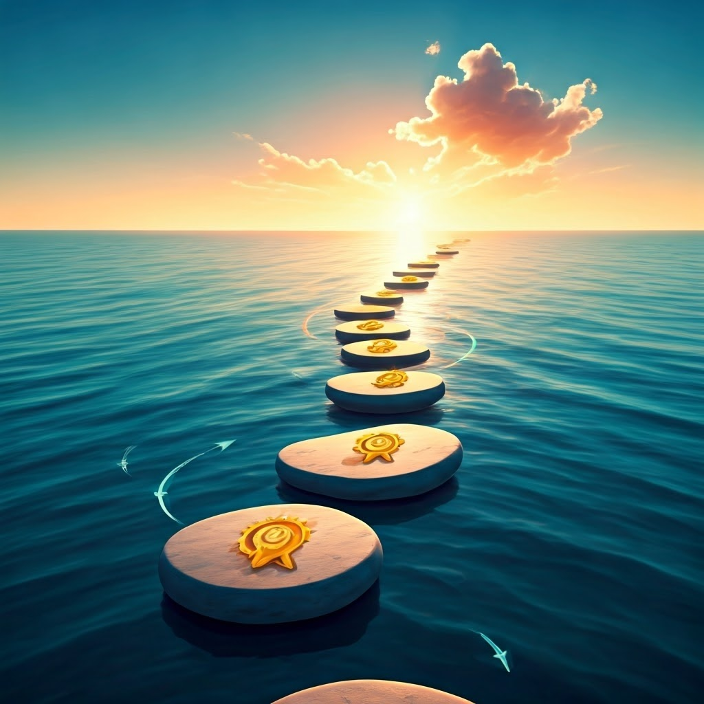 Floating stepping stones over water, arrows looping back as the agent refines its policy