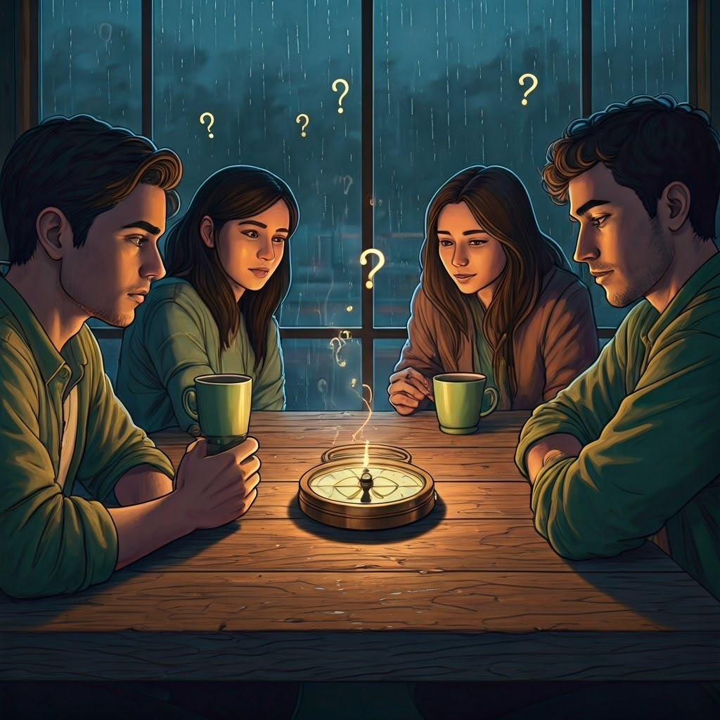 Group of friends of varied ages and backgrounds gathered in a dimly lit café, focused on a small glowing compass that hints at shared direction and purpose.
