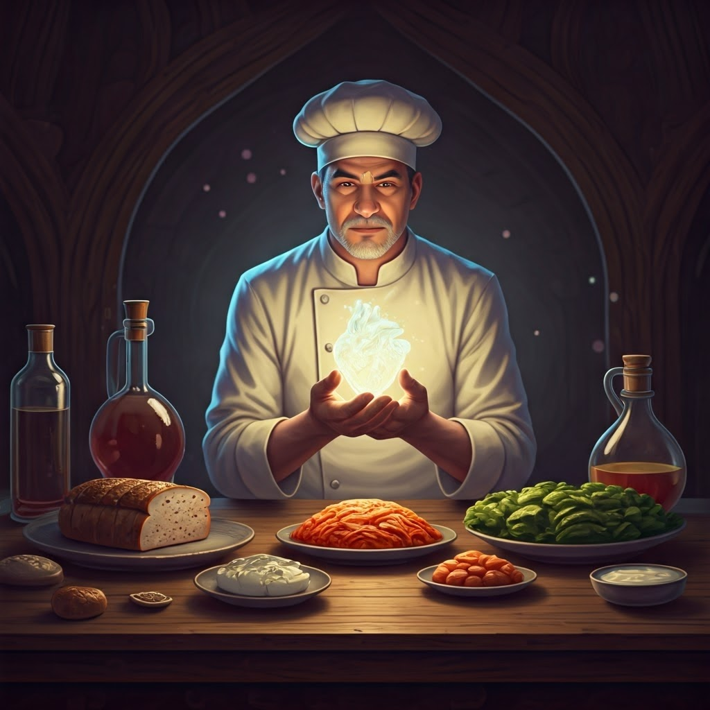 Fantasy scene of chef-alchemist holding glowing sugar crystal surrounded by fermented foods, symbolizing glycolysis magic