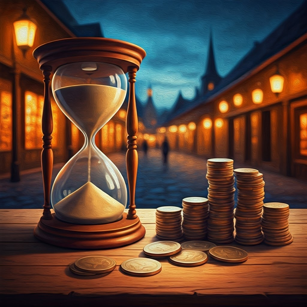 Twilight market with hourglass and stacks of coins glowing under lantern light, contrasting continuous sand with quantized coins