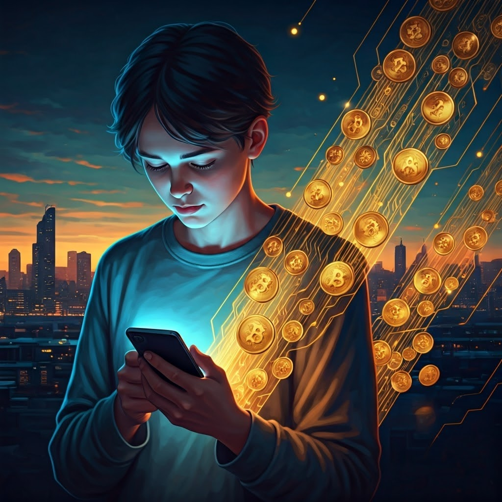 Person using smartphone as digital coins flow through neon network, illustrating invisible online money transfer