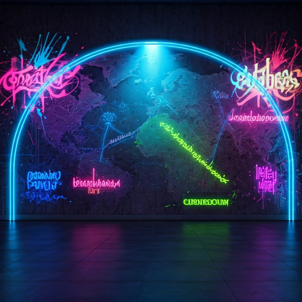 Vibrant mural visualizing neon bridge of ideas traveling from Baghdad along medieval trade routes to Europe