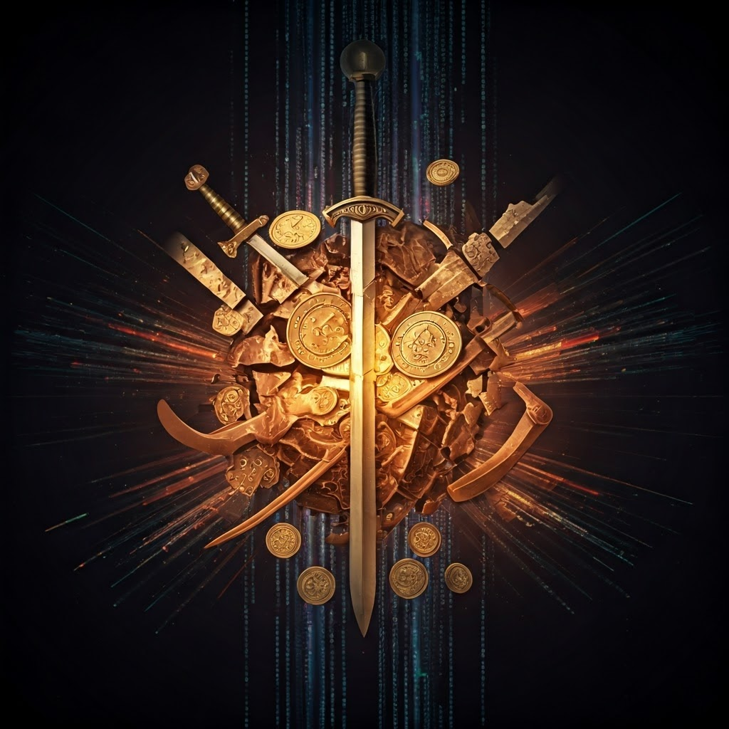 Glitch-art collage of bronze tools, coins, and city skylines morphing into neon data streams to depict rapid innovation.