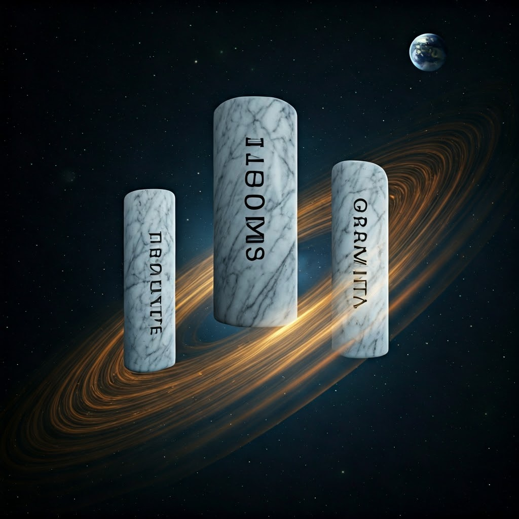 Three floating pillars labeled Thrust, Mass, Gravity with stardust swirls.