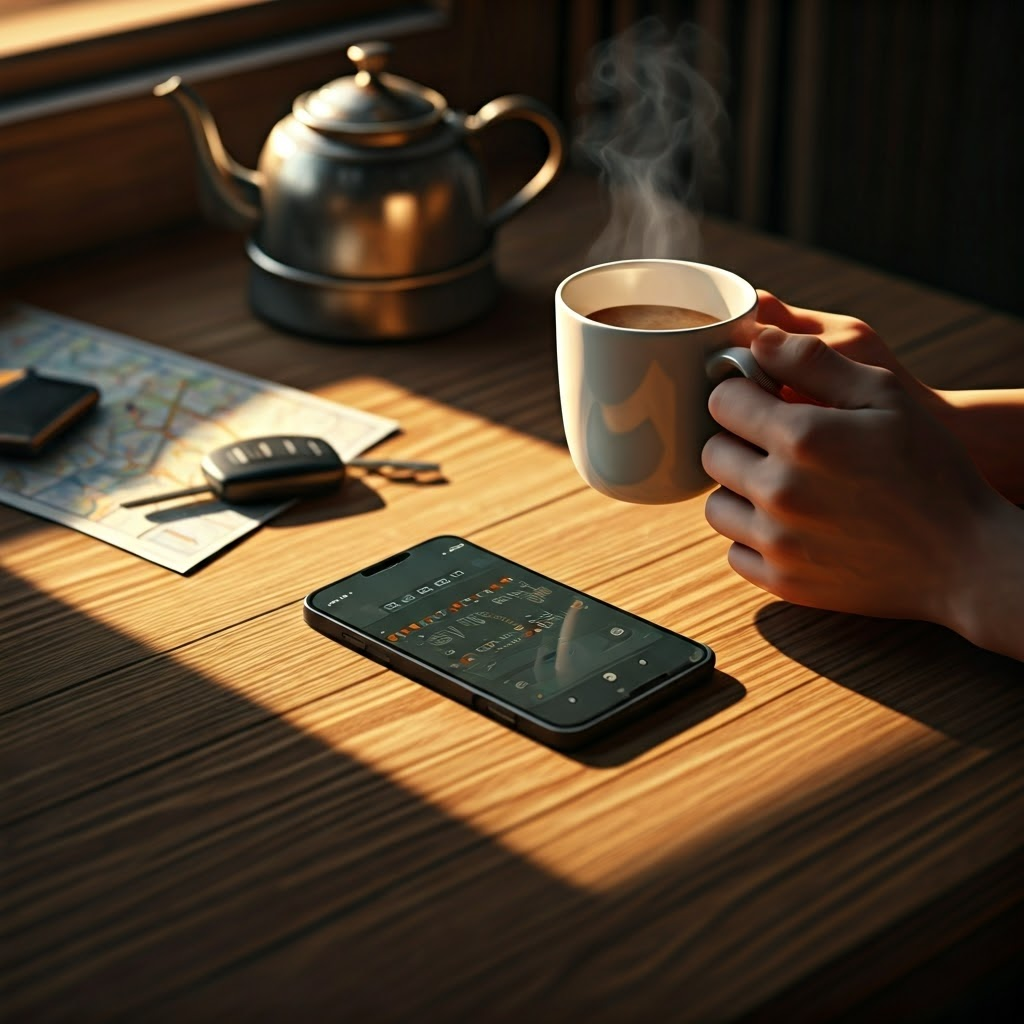 Modern tabletop scene: hands cradle a coffee mug beside a smartphone with GPS, linking daily life to past voyages