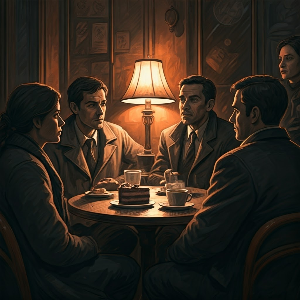 Tense café group arguing over a single slice of cake, warm lamp light and deep shadows in moody charcoal style