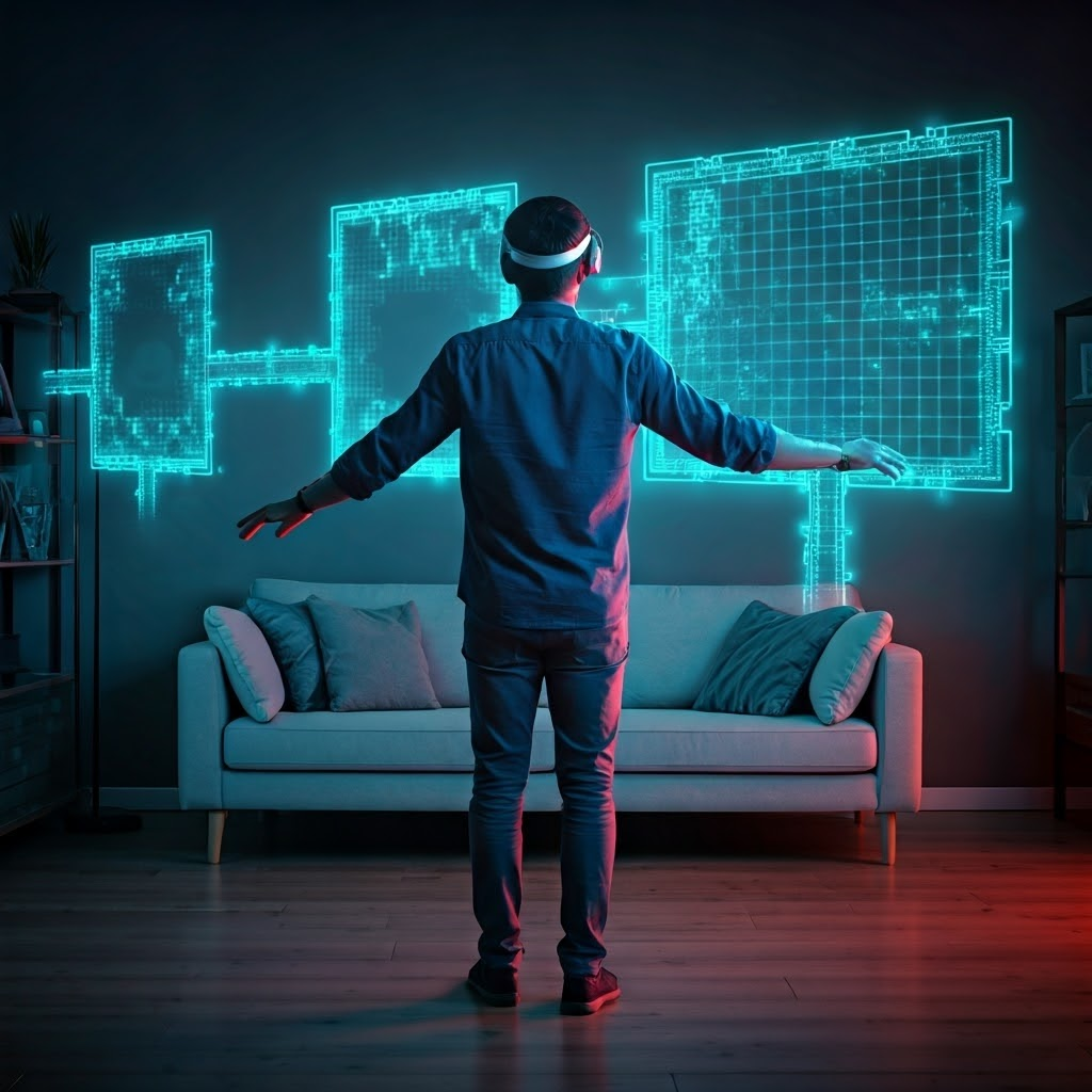 Person wearing VR headset in a dim living room with neon dungeon corridors blending into real furniture