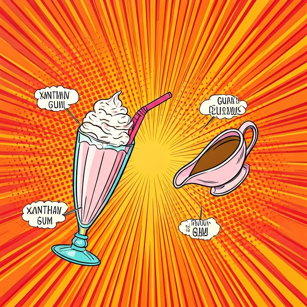 Pop-art scene contrasts xanthan and guar gum effects on shake and gravy texture.