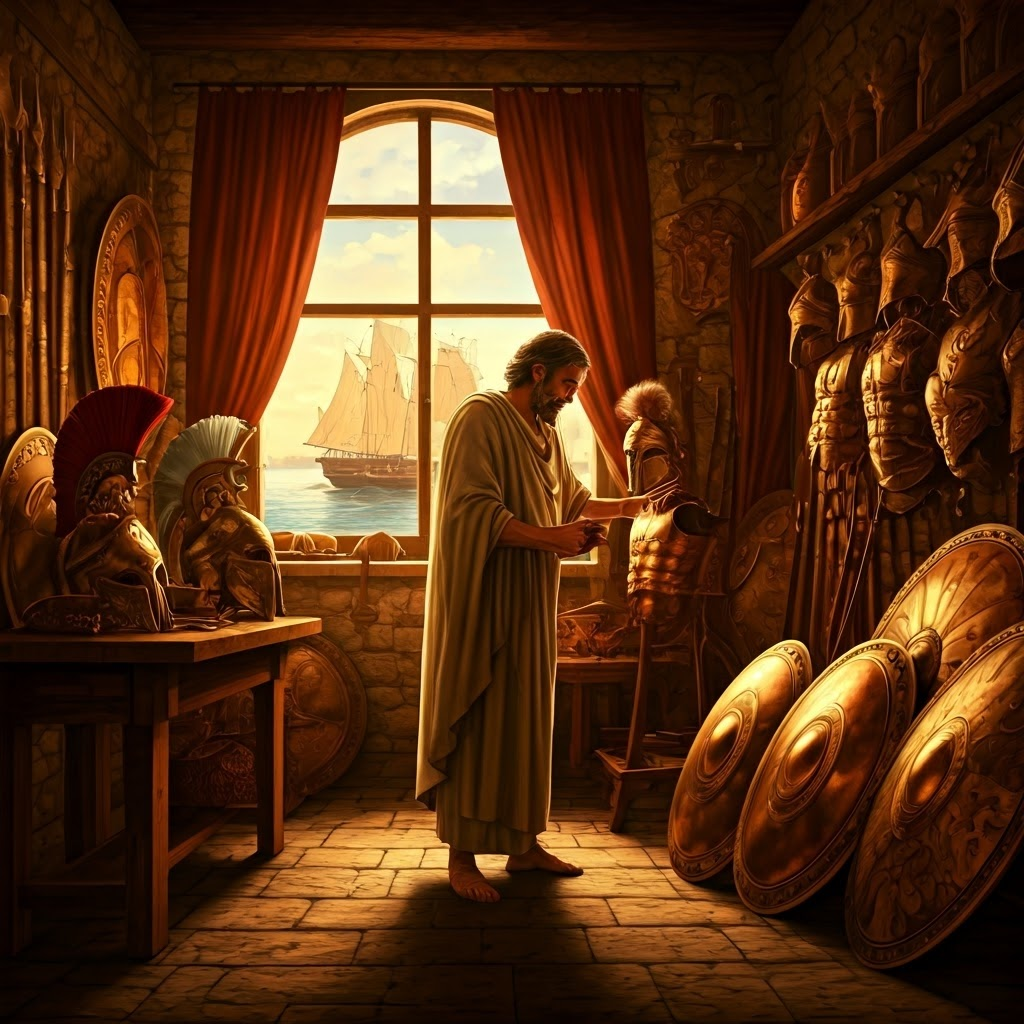 Workshop rows of bronze helmets and shields as an artisan checks a bronze breastplate.