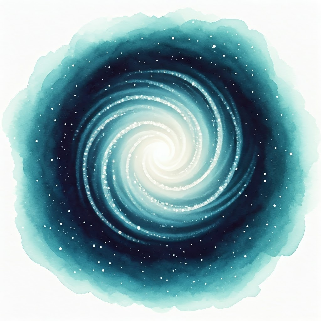 Soft watercolor of a glowing halo surrounding a spiral galaxy disk with scattered star clusters